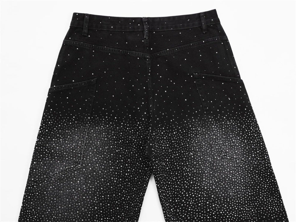 Rhinestone Wide-Leg Jeans – Men's Distressed Denim with Large Cargo Pockets &