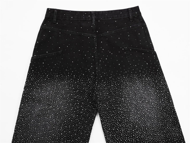 Rhinestone Wide-Leg Jeans – Men's Distressed Denim with Large Cargo Pockets &