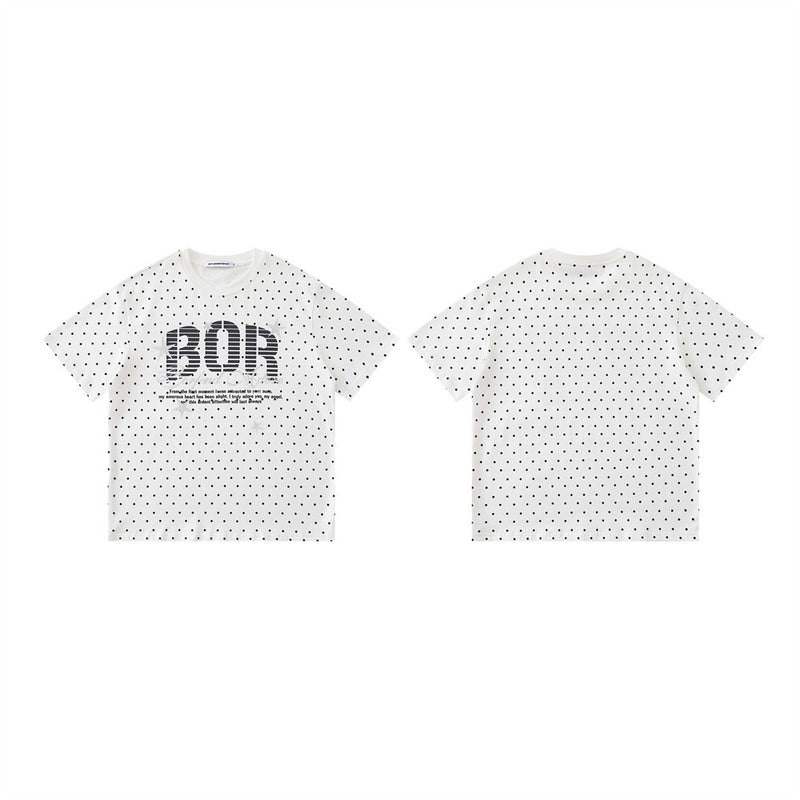 Polka Dot Oversized Graphic Tee – BOR Letter Print, Crew Neck Short Sleeve