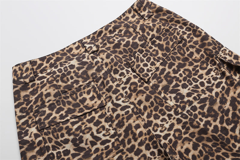 Leopard print cargo shorts back with flap pockets and metal stud details on the waistband