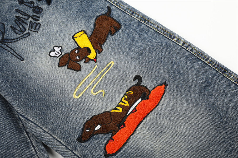 Cartoon Dachshund Embroidered Wide-Leg Jeans – Men's Vintage Washed Curved Hem