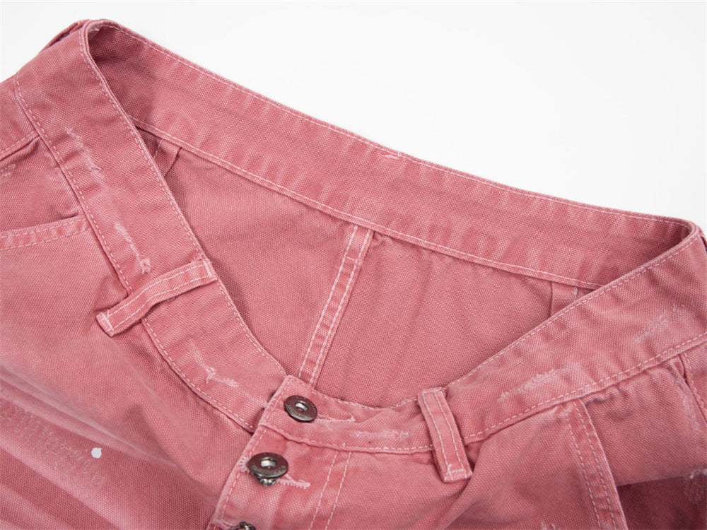 Rosa Wide-Leg-Canvas-Hose mit Destroyed-Details – Paint-Splatter-Workwear-Jeans