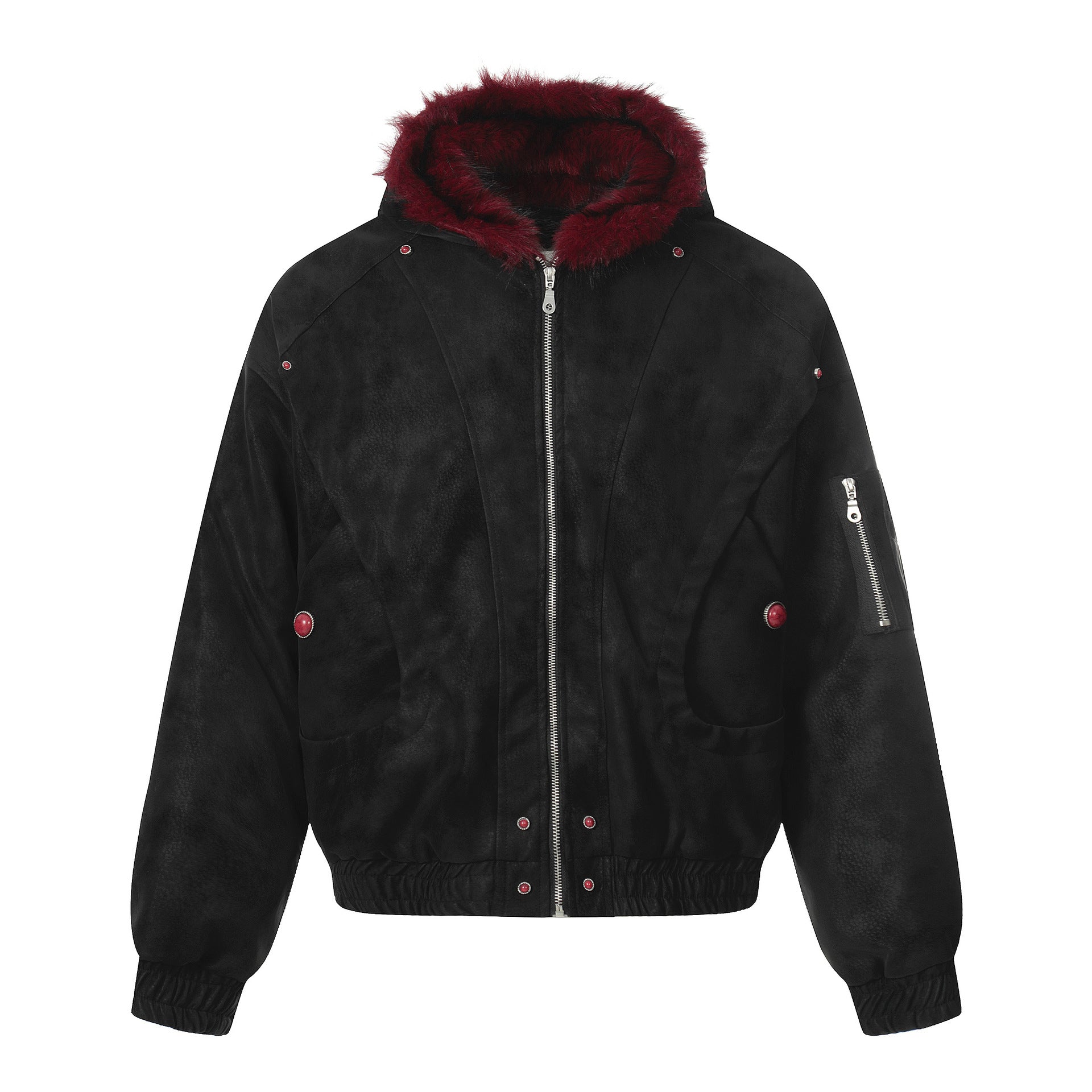 Blouson bomber noir oversize avec capuche doublée en fausse fourrure bordeaux, boutons-pression bombés rouges et fermeture zippée argentée, vu de face et ar