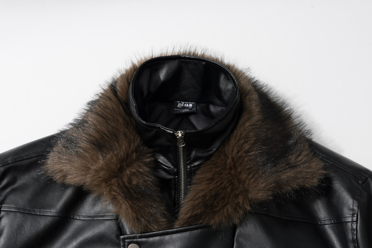 Bomberjacke aus Kunstleder mit Kunstfellkragen – wattierte schwarze Moto-Fliegerjacke