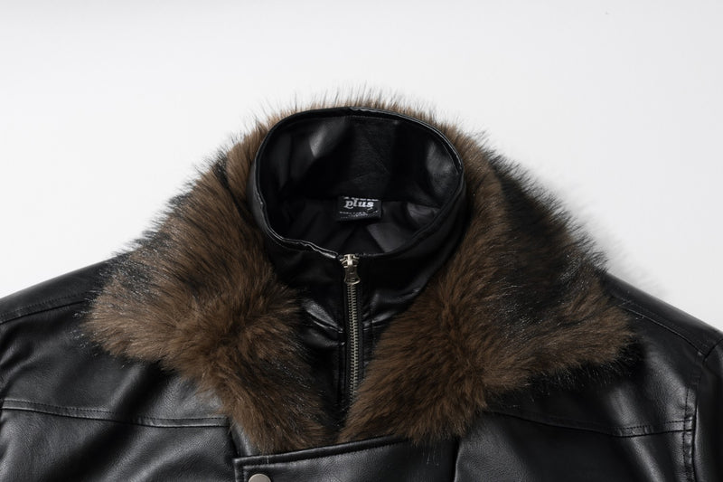 Bomberjacke aus Kunstleder mit Kunstfellkragen – wattierte schwarze Moto-Fliegerjacke