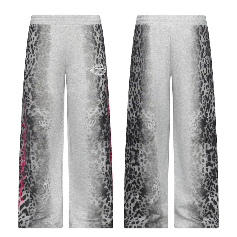 Pantalones de chándal punk de pierna ancha con estampado de leopardo degradado – Corte relajado para hombre