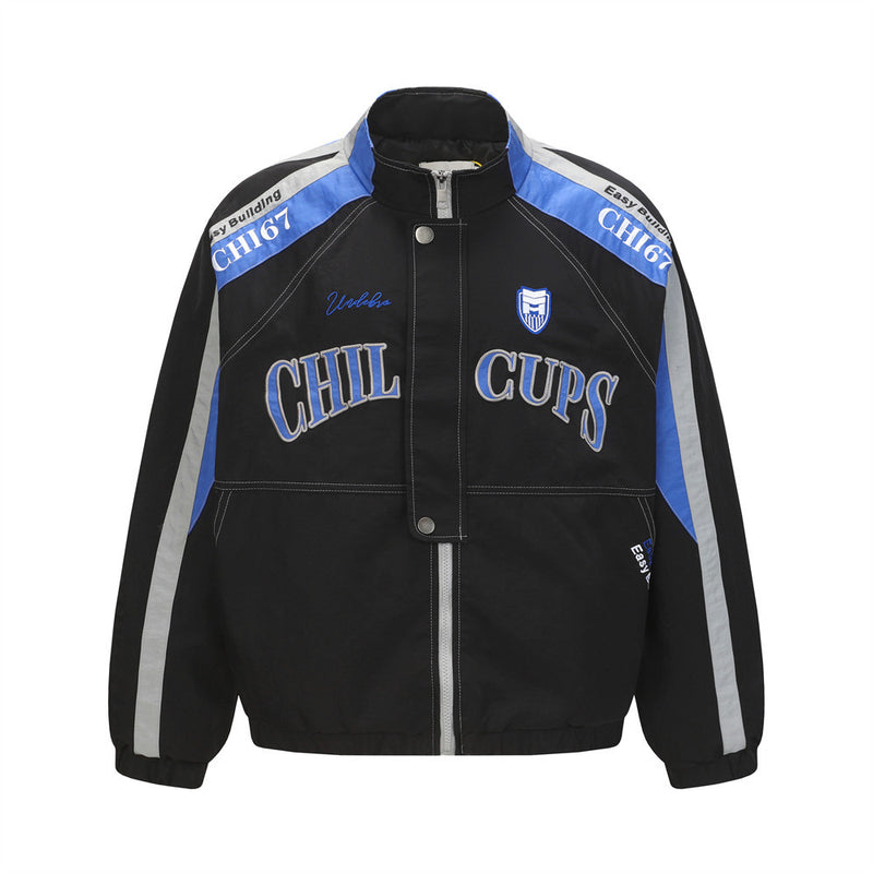 Veste de course homme noire et bleue à empiècements contrastants, broderie arquée « CHIL CUPS », col montant et bandes réfléchissantes