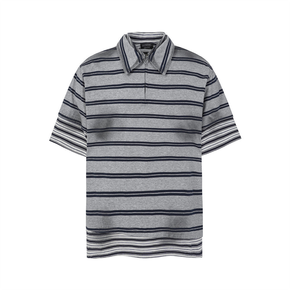 Oversized Striped Polo Shirt – Half-Zip Collar Short Sleeve Tee