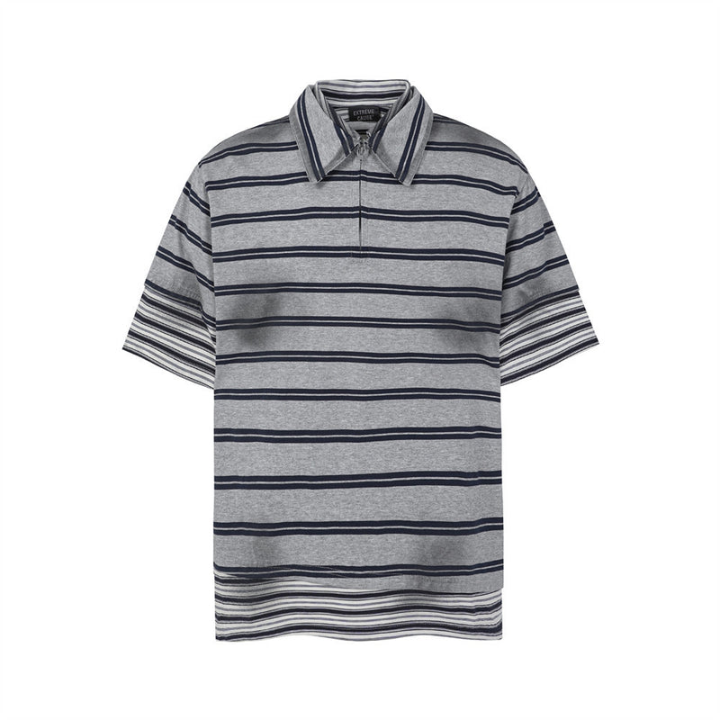 Oversized Striped Polo Shirt – Half-Zip Collar Short Sleeve Tee