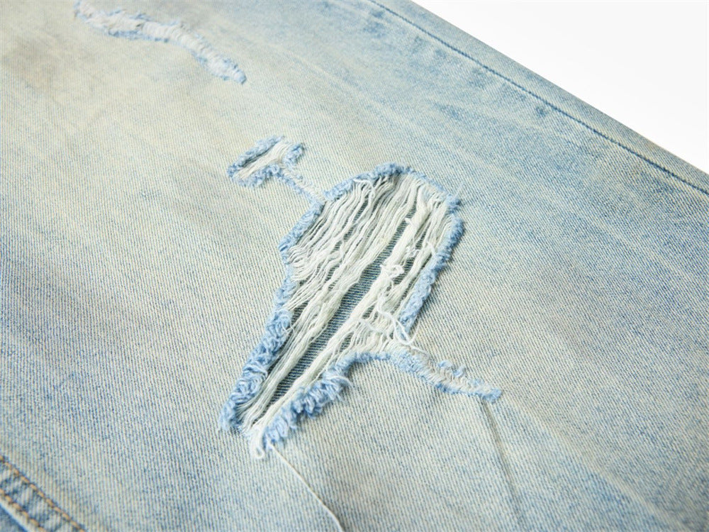 Wide-Leg Distressed Jeans – Light Wash Vintage Ripped Straight Denim