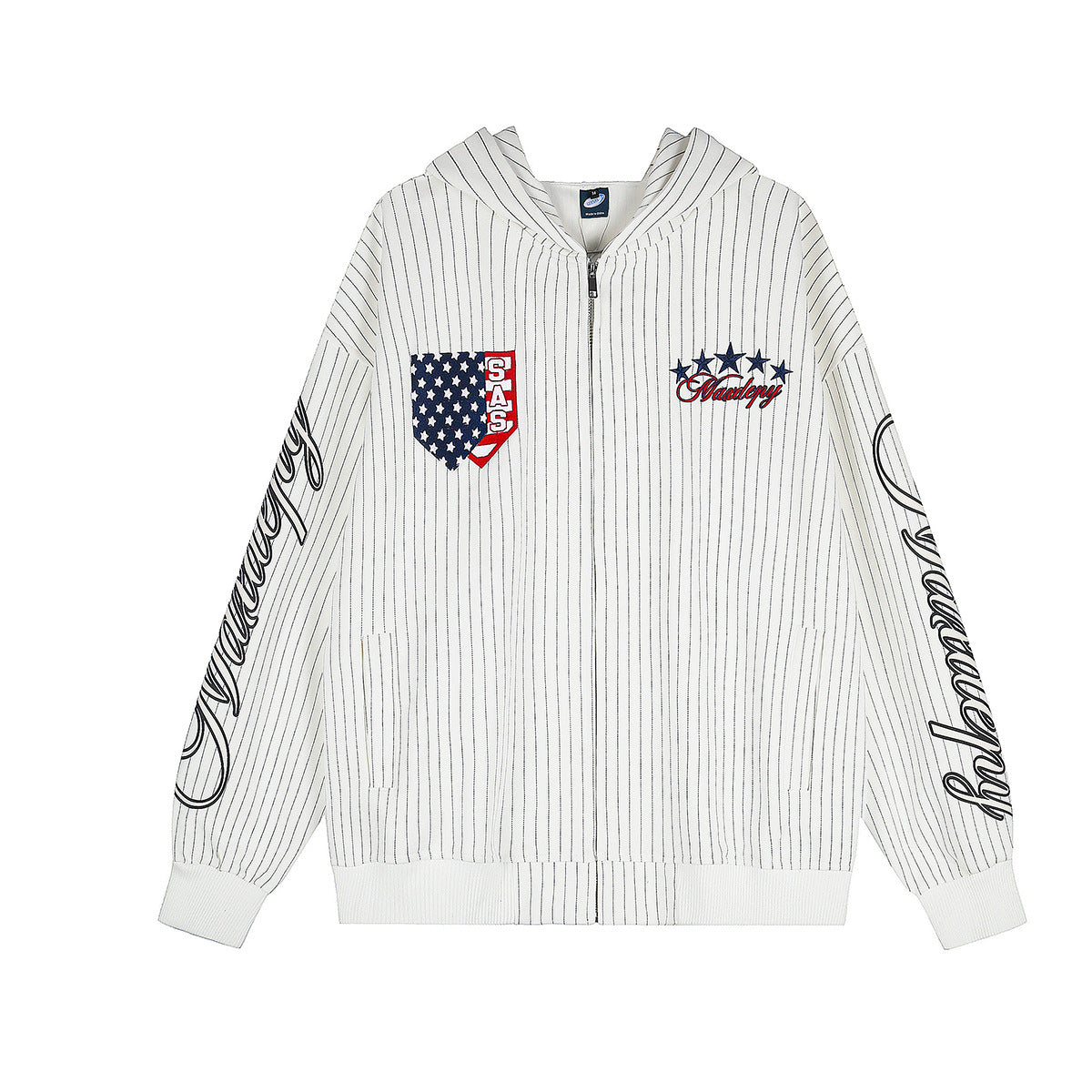 Oversized pinstripe zip-up hoodie with American flag embroidery patch and script sleeve print in off-white colorway