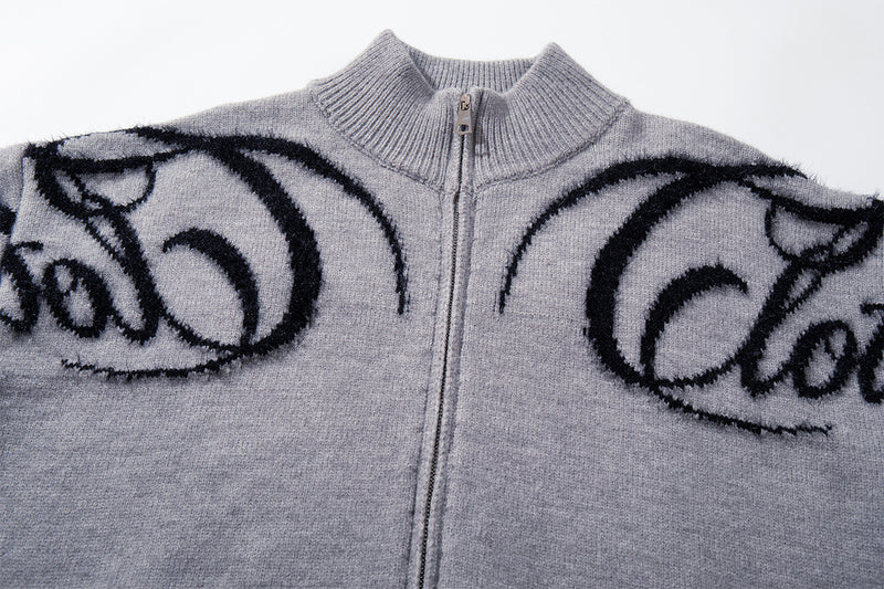 Graffiti Script Zip-Up Knit Cardigan Sweater – Oversized American Street Style