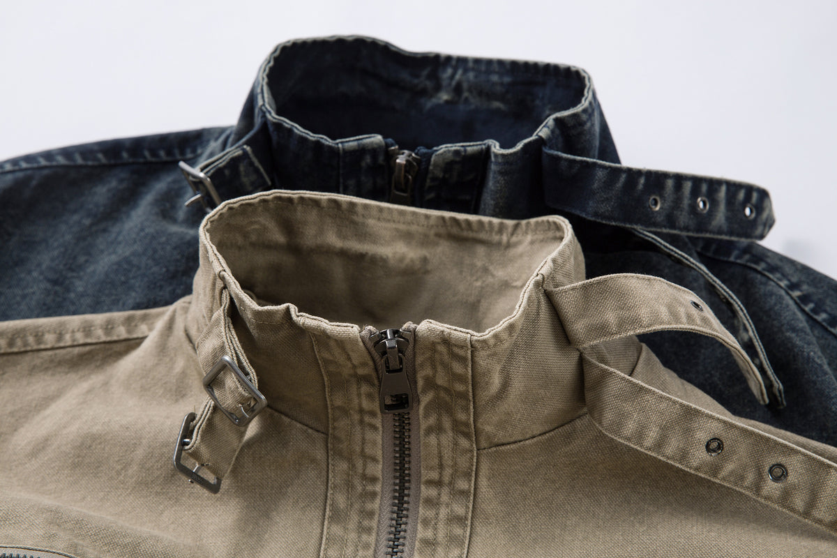 Oversized Washed Denim Jacket – Boxy Belted Hem, Acid-Wash Workwear Style
