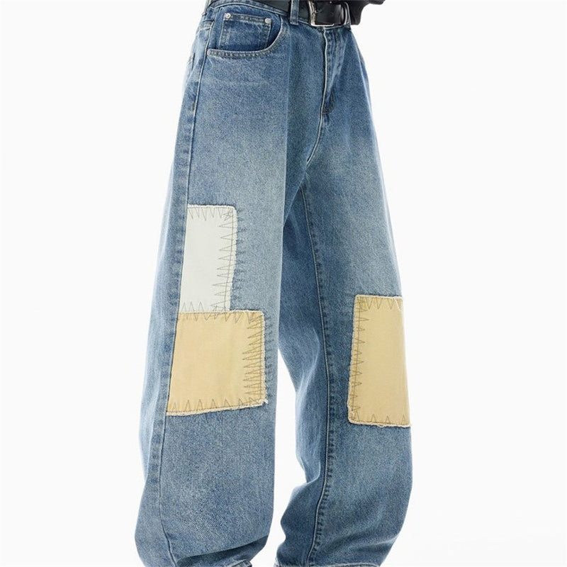 Men's Patchwork Wide-Leg Jeans – Straight Fit Streetwear Denim with Contrast