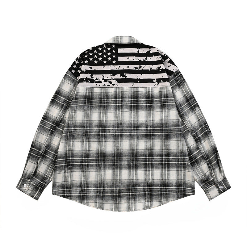 Washed Plaid Long Sleeve Shirt with American Flag Patchwork – Oversized