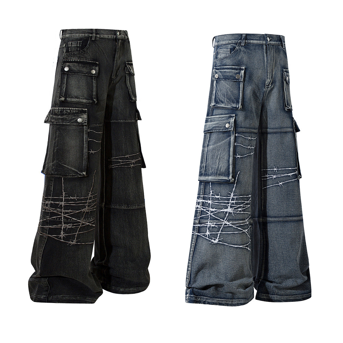 Wide-Leg Cargo Jeans with Barbed Wire Embroidery – Baggy Streetwear Denim