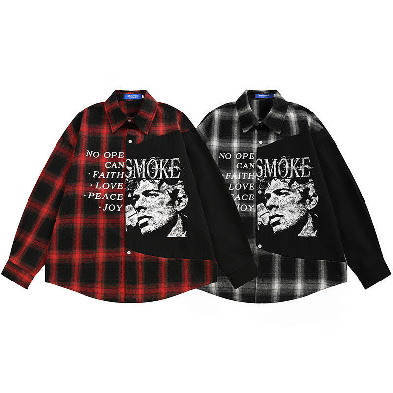 Plaid Patchwork Long Sleeve Shirt – Oversized Fit with Portrait Graphic Print
