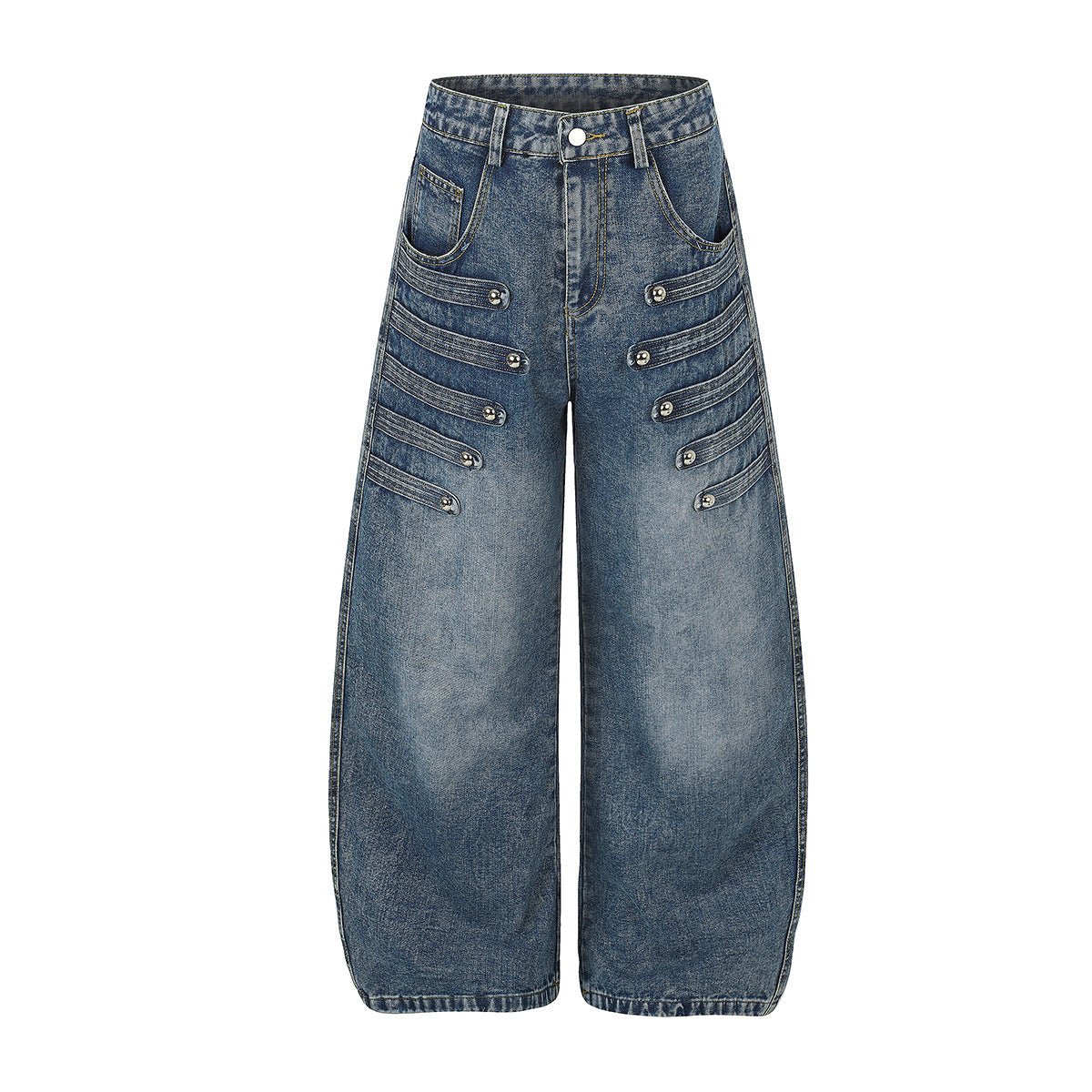 Wide-Leg Baggy Jeans – Light Blue Washed Denim with Metal Stud & Pintuck Detail