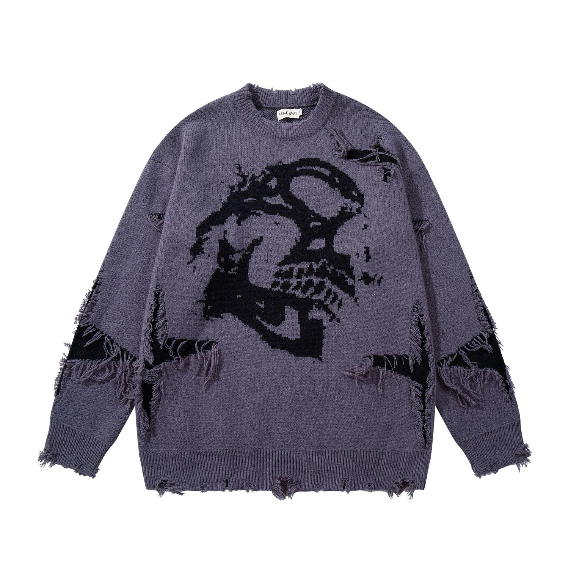 Men's oversized skull jacquard distressed knit crewneck sweater in slate grey with black frayed detailing