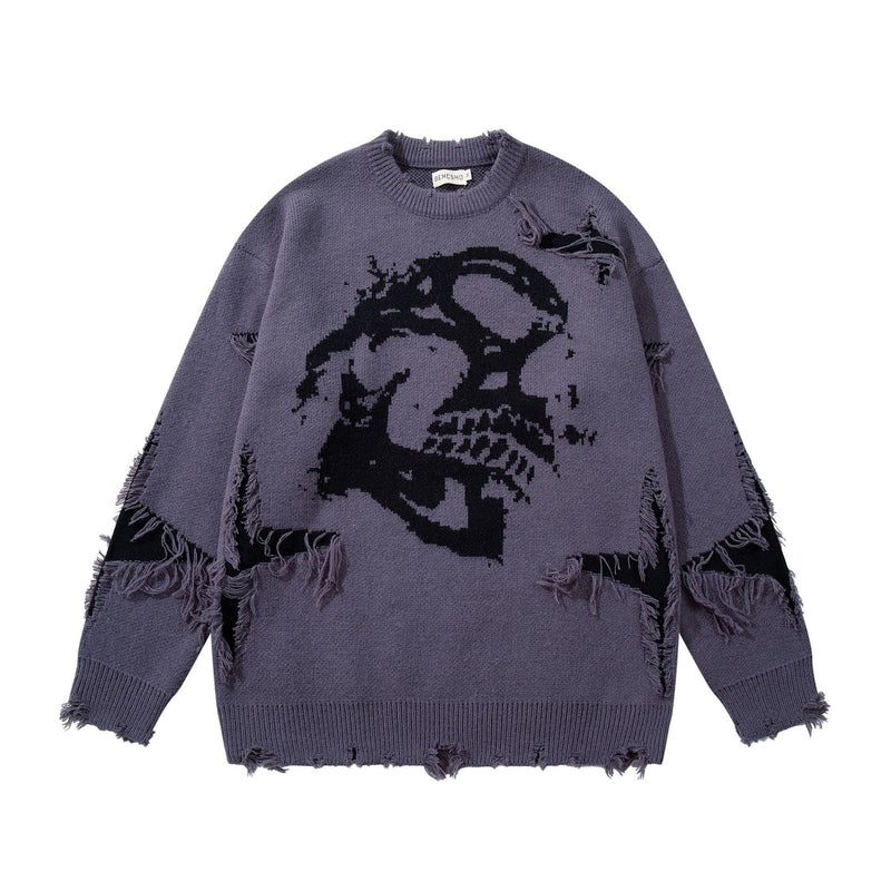 Men's oversized skull jacquard distressed knit crewneck sweater in slate grey with black frayed detailing