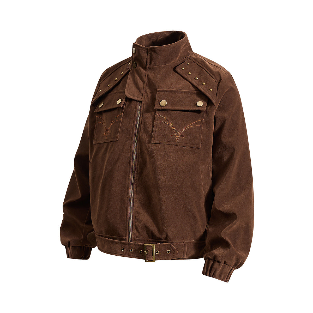 Bomber Jacket Men's Retro Suede Stand-Collar Moto Jacket with Brass Studs & Belt