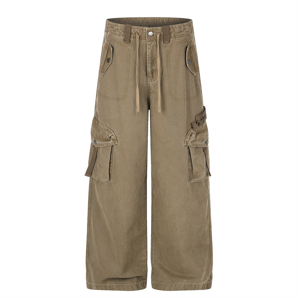 Baggy Cargo Pants Men Wide-Leg Multi-Pocket Washed Streetwear Trousers