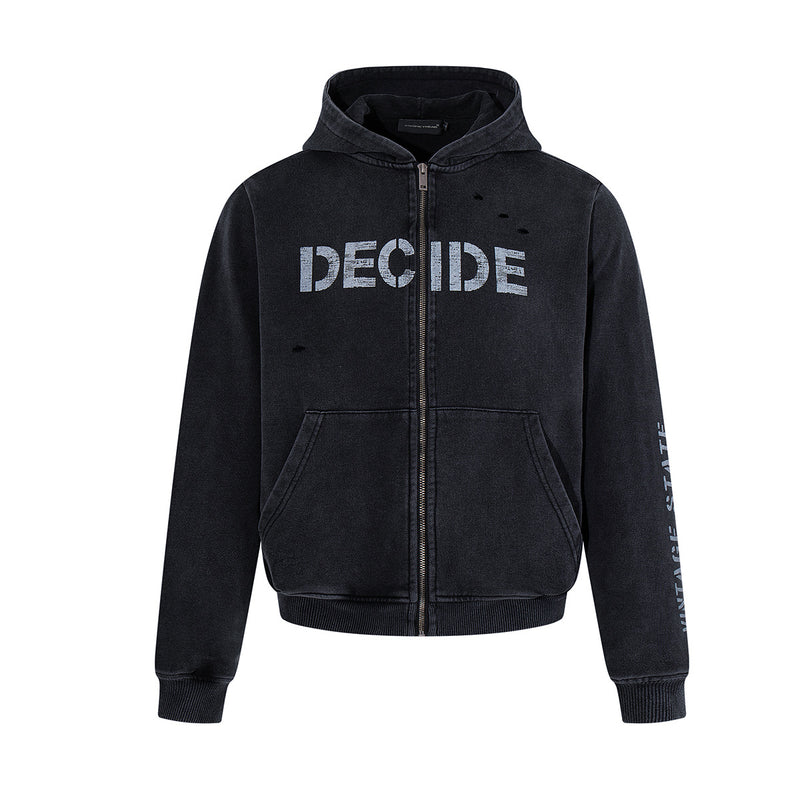 Oversize Zip Up Hoodie Vintage Acid-Washed Distressed Decide Graphic Full-Zip