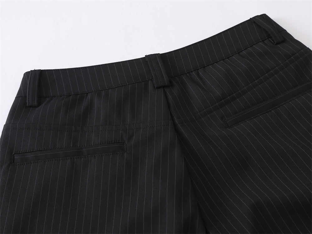 Black Pinstripe Wide-Leg Trousers – Pleated Relaxed Fit Dress Pants