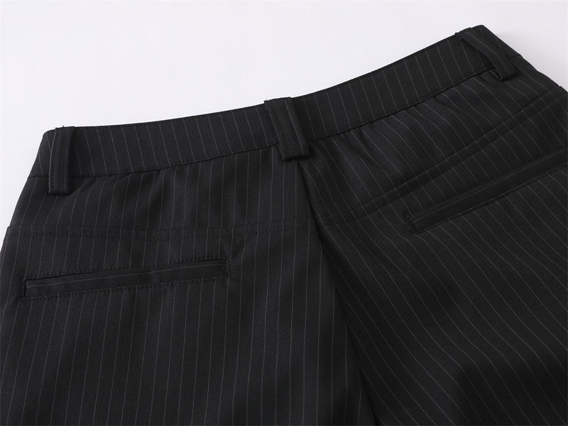 Black Pinstripe Wide-Leg Trousers – Pleated Relaxed Fit Dress Pants