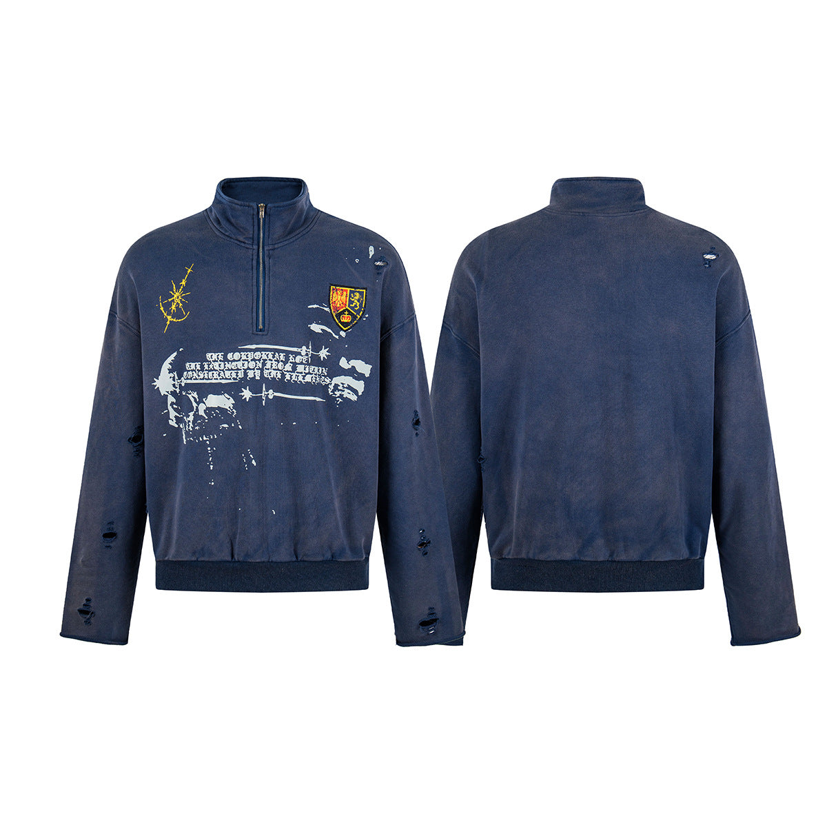 Sudadera de media cremallera con lavado desgastado, parche heráldico y estampado gótico — Azul marino