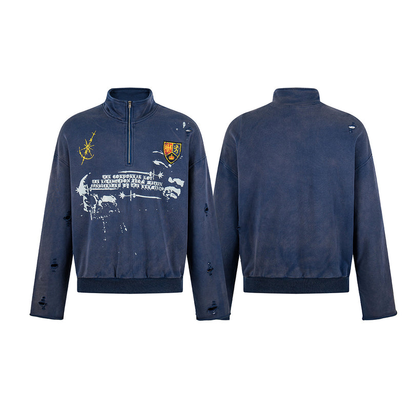 Sudadera de media cremallera con lavado desgastado, parche heráldico y estampado gótico — Azul marino