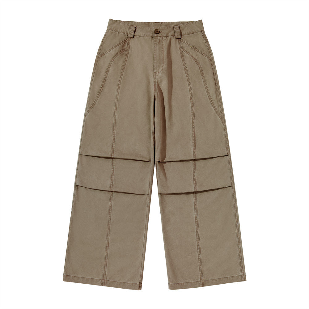 Men's wide-leg panelled utility trousers in khaki with contrast topstitching and patch pockets, front view
