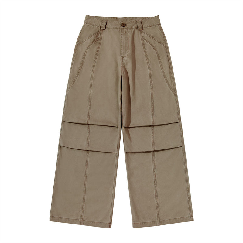 Men's wide-leg panelled utility trousers in khaki with contrast topstitching and patch pockets, front view