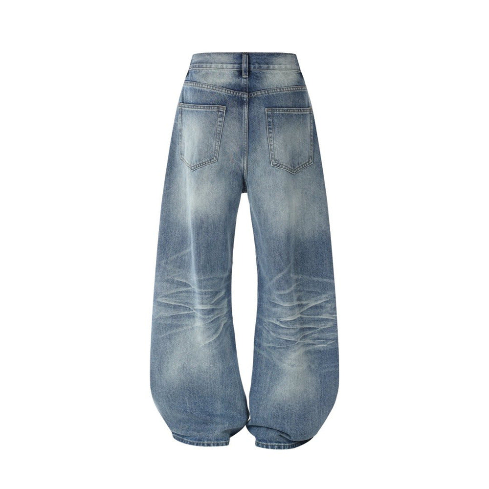 Men's Relaxed Fit Jeans Wide Leg Washed Vintage Blue Baggy Denim