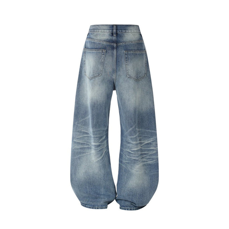 Men's Relaxed Fit Jeans Wide Leg Washed Vintage Blue Baggy Denim
