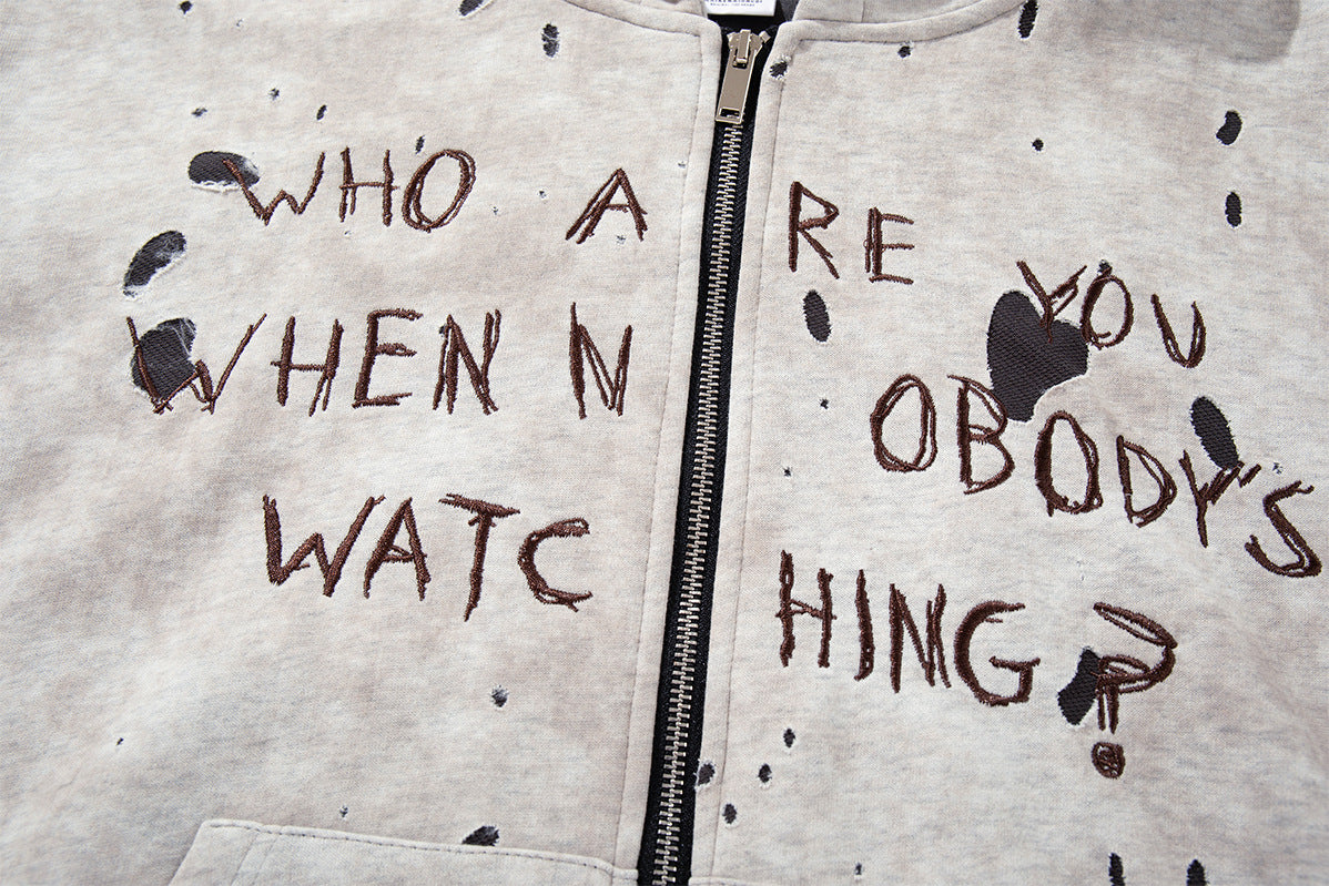 Gray Zip Up Hoodie – Washed Distressed Graffiti Graphic Zip-Front Streetwear