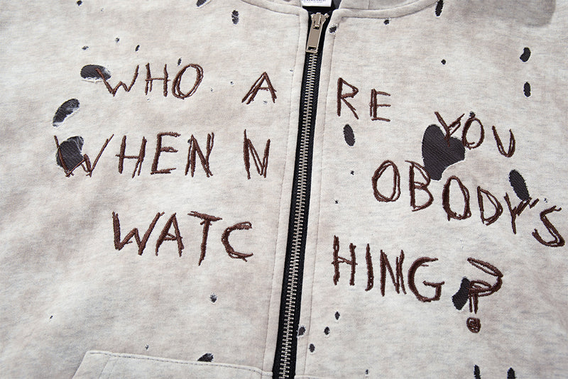 Gray Zip Up Hoodie – Washed Distressed Graffiti Graphic Zip-Front Streetwear