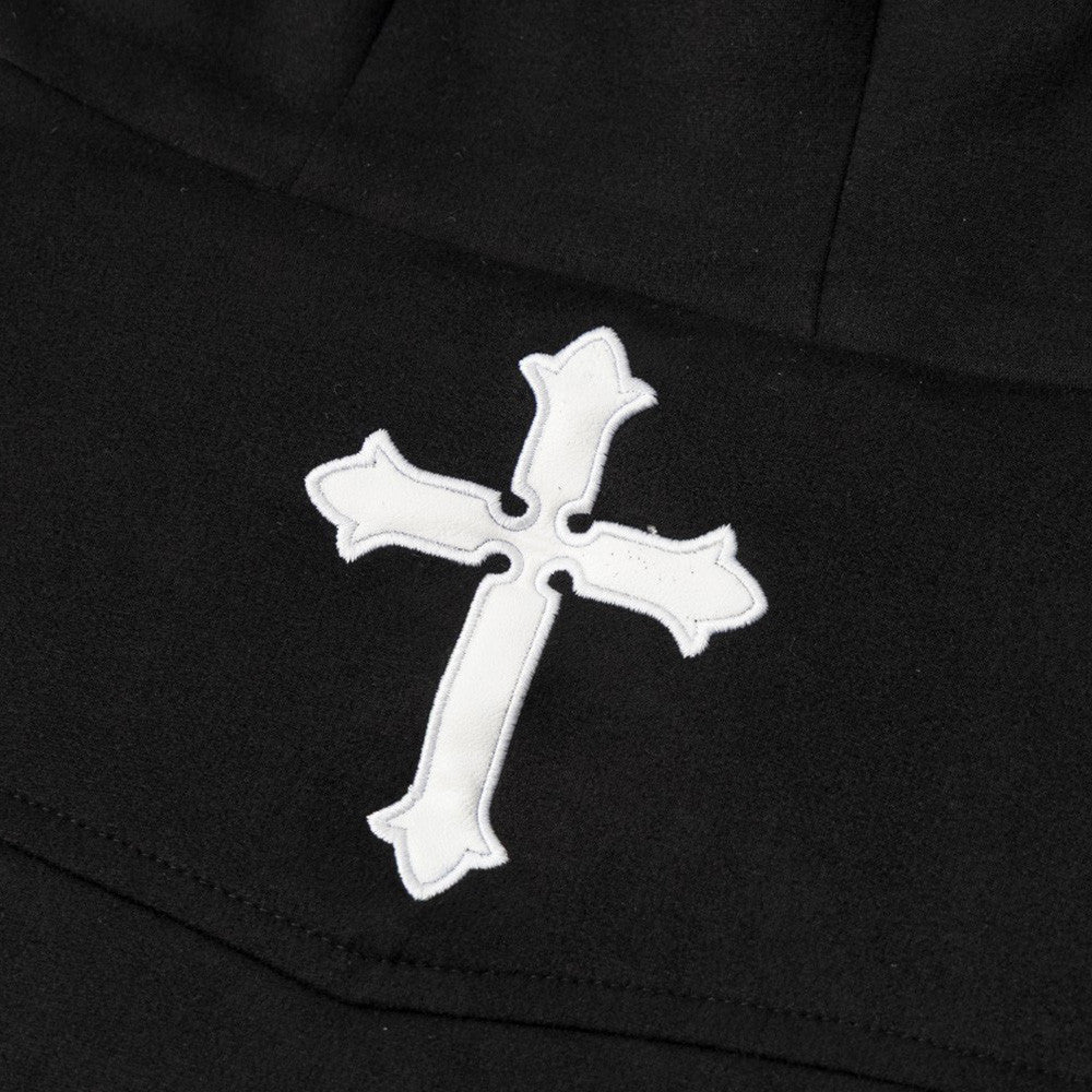 Black Fur-Trim Hooded Bomber Jacket with Arrow Sleeve Patches