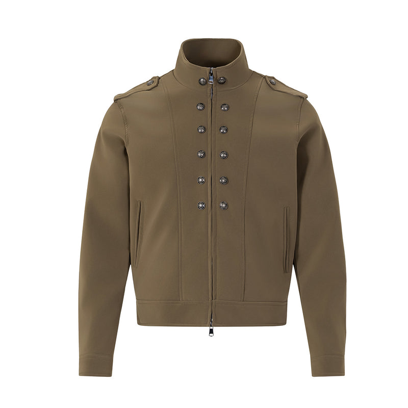 Jacke im Military-Stil mit Stehkragen, Reißverschluss und doppelreihigen Zierknöpfen in Khaki, Vorderansicht
