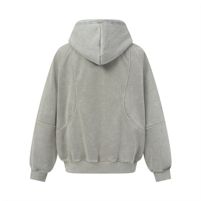 Sweat à capuche zippé homme délavé à l’acide, avec zip diagonal et empiècements déconstruits