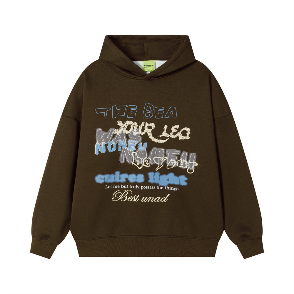 Oversized graphic letter print fleece-lined pullover hoodie in chocolate brown and heather grey