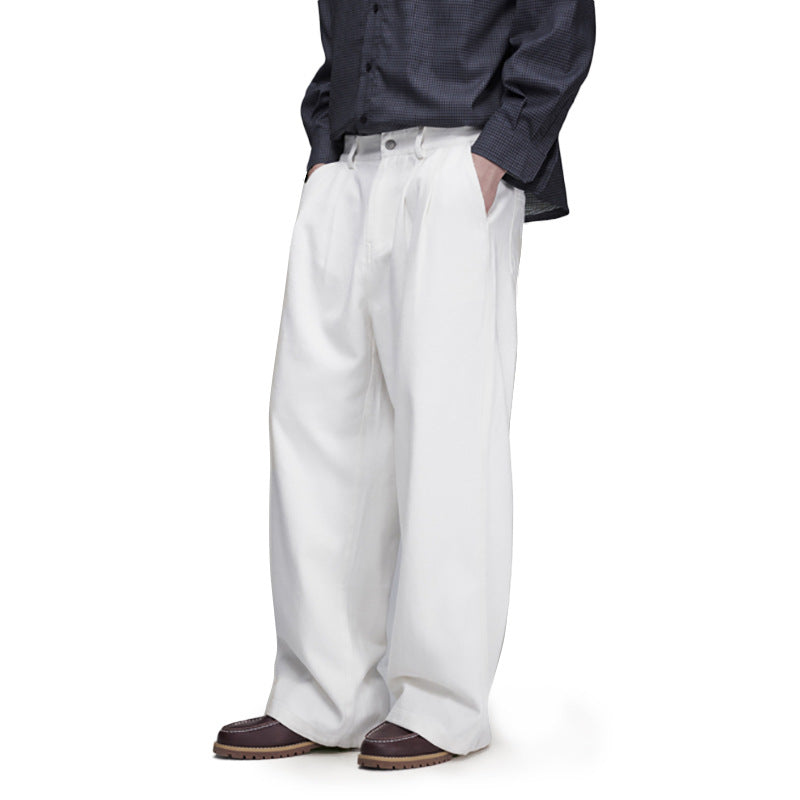 Wide-Leg Straight Casual Pants for Men — Relaxed Fit Pleated Denim Trousers
