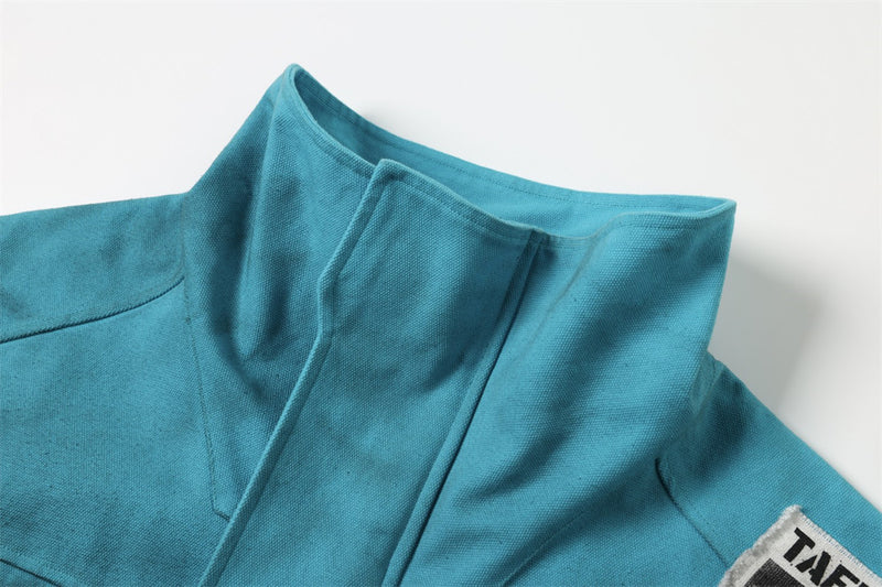 Distressed High-Collar Bomber Jacket – Teal Patch-Work Punk Workwear