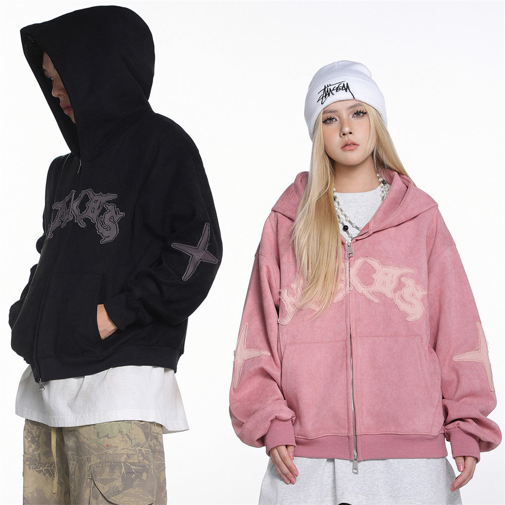 Baggy Zip Up Hoodie with Letter Appliqué — Oversized Streetwear Zip Hoodie