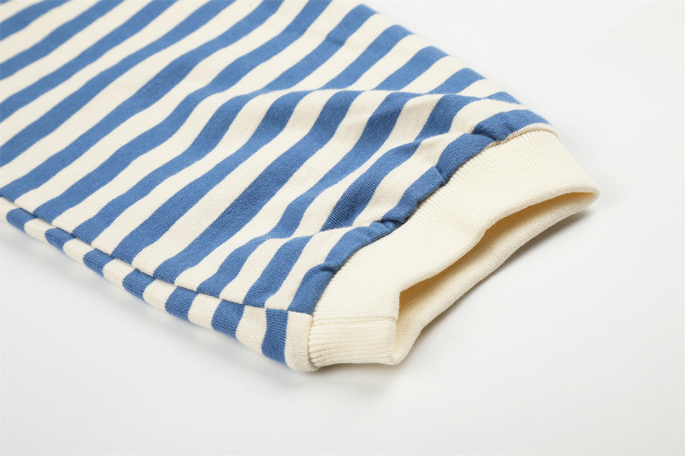 Close-up of blue and cream striped sleeve cuff with contrast trim
