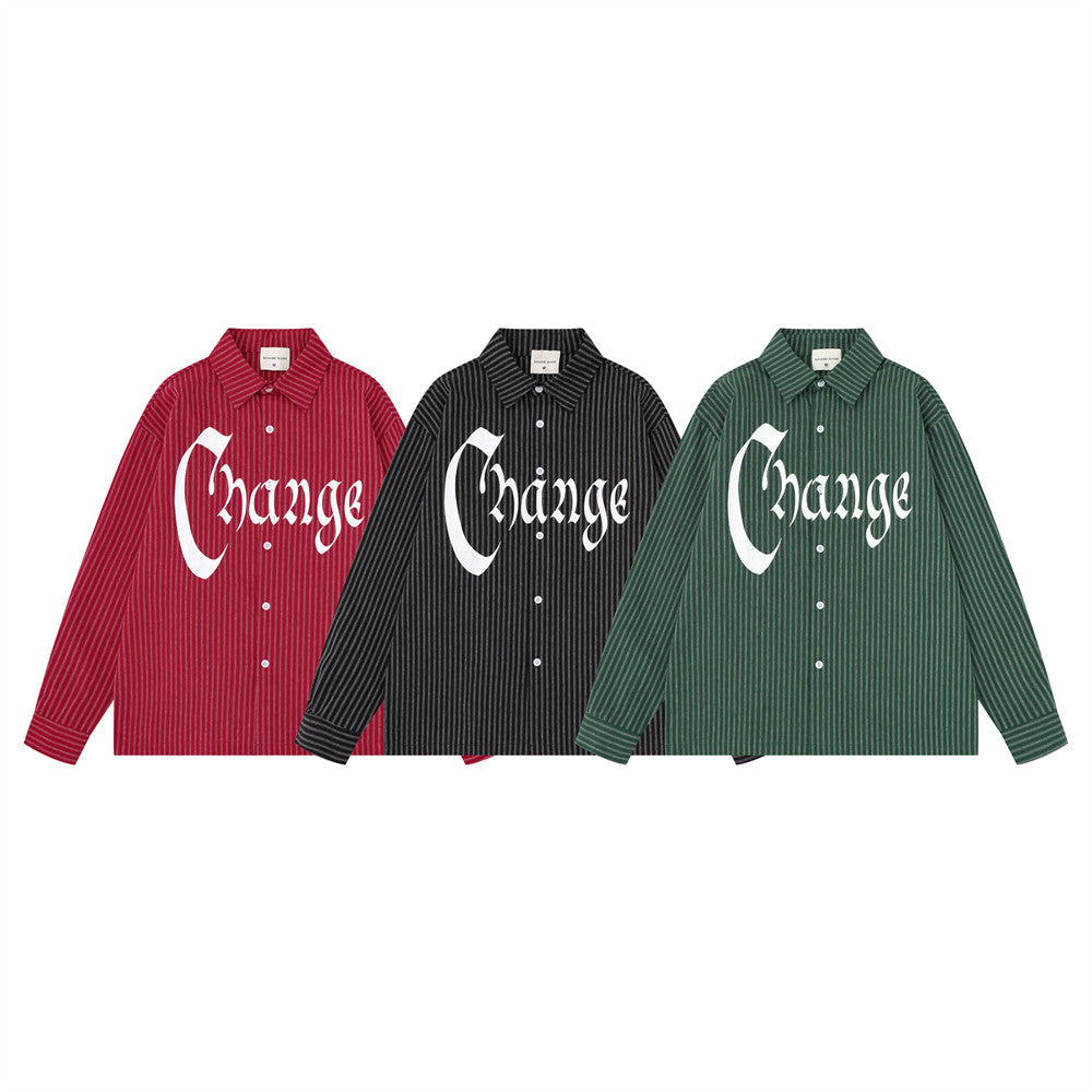 Red and White Striped Long Sleeve Shirt with Gothic Change Print & Graffiti Back