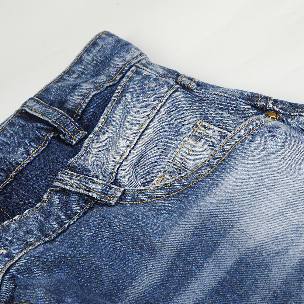 Jean homme à jambe large – Denim délavé à double ceinture, pantalon droit