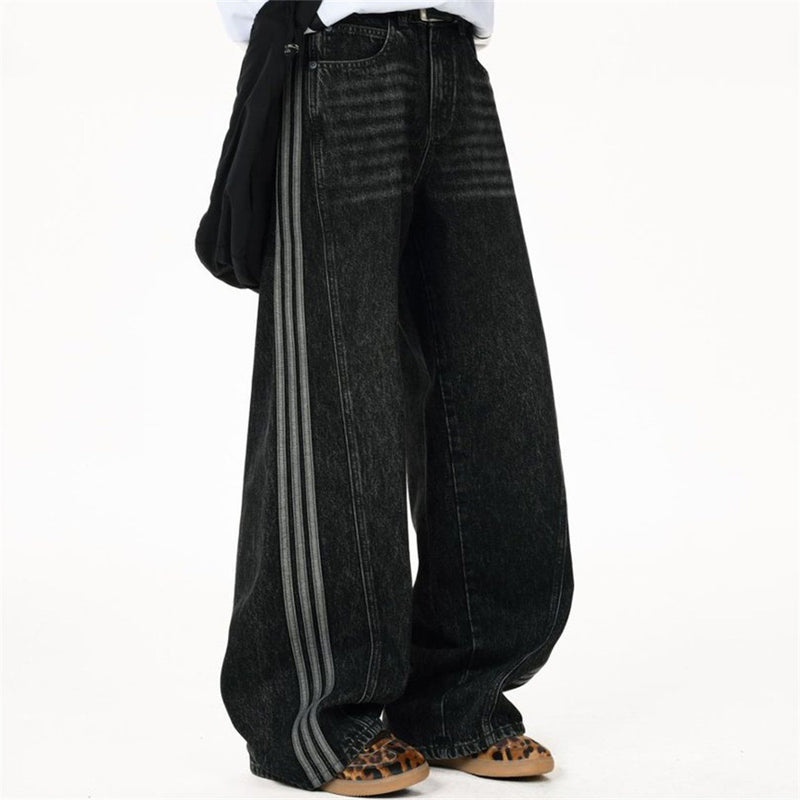 Wide Leg Dad Jeans – Washed Black Denim with Side Stripe Detail