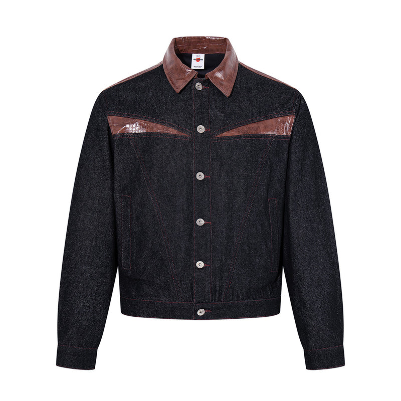Boxy Raw Denim Jacket with Crocodile-Embossed Leather Panels
