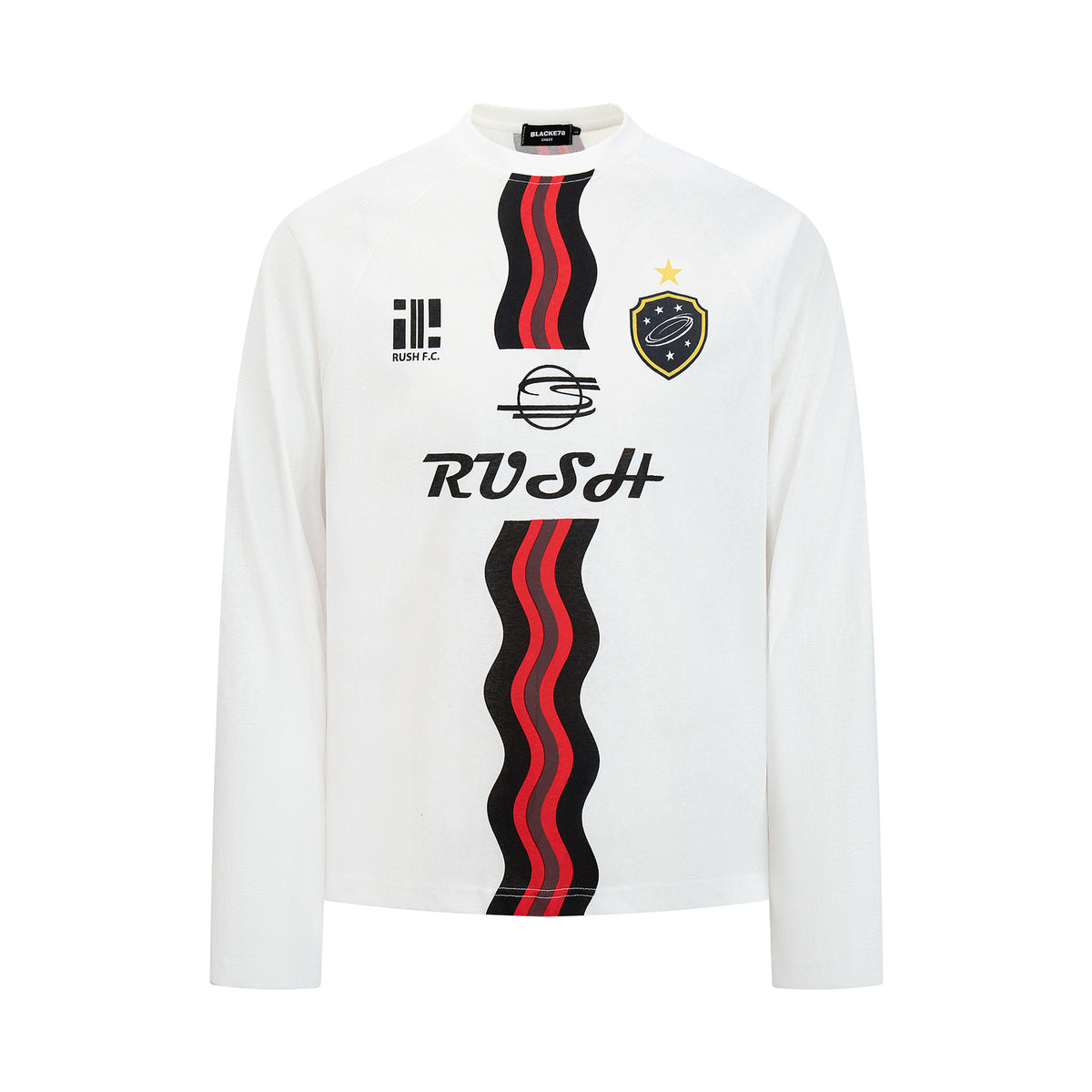 White long sleeve RUSH F.C. soccer jersey shirt with wavy black and red stripe graphic print and ATLAS 7 back number
